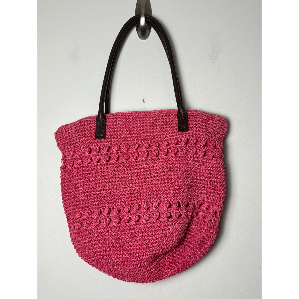 Talbots VTG Medium Tote Bag Pink Woven Paper Straw Leather Double Straps Zip Top